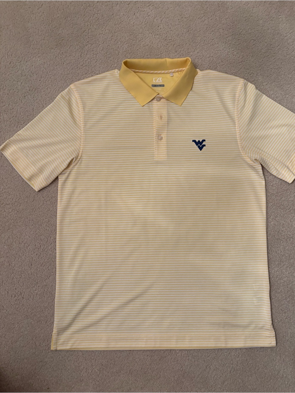 WVU Cutter & Buck Yellow Striped Polo with Navy Logo